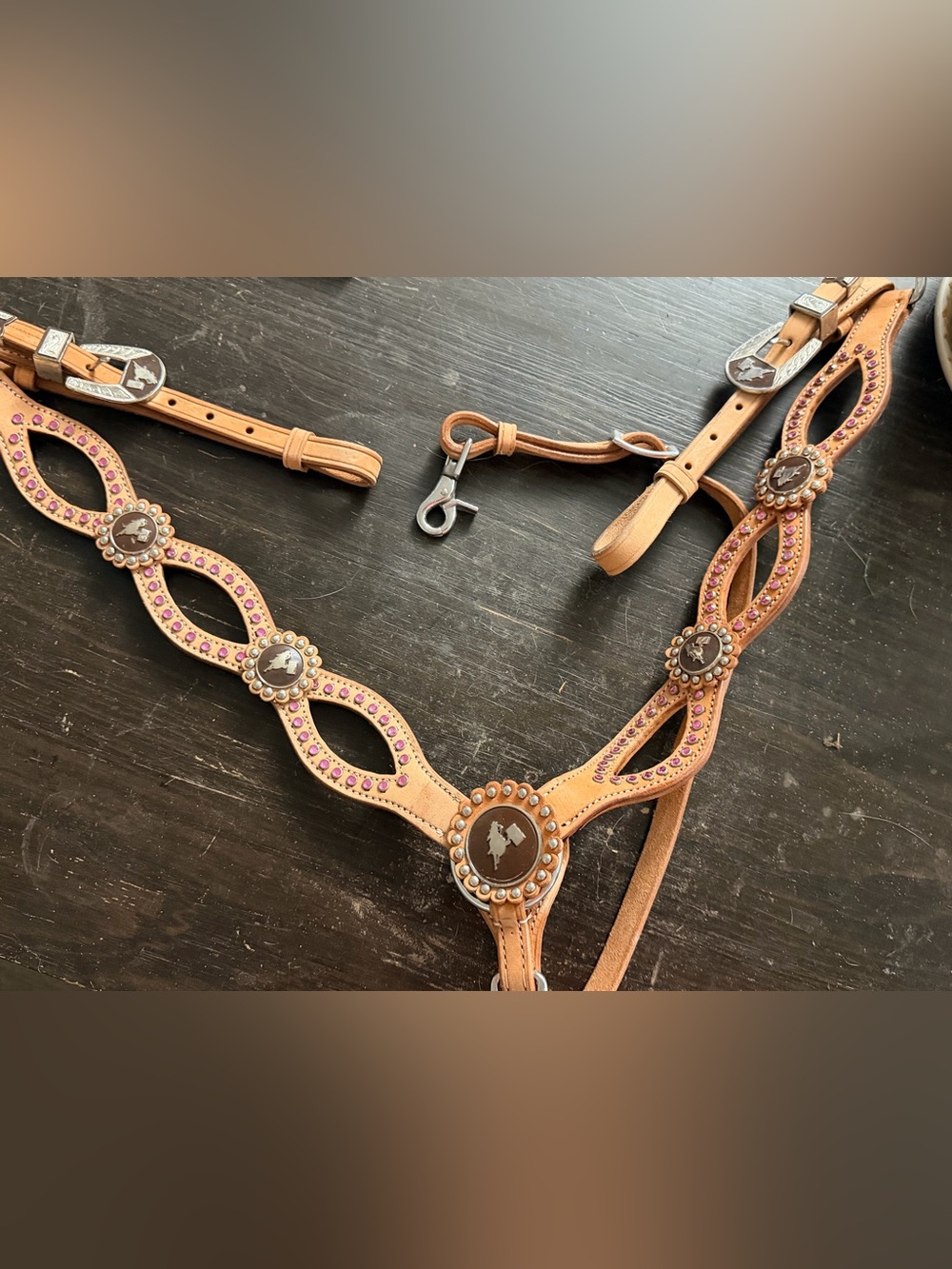Light Leather Browband Headstall Reins Breastcollar Set:  Barrel Racer Conchos